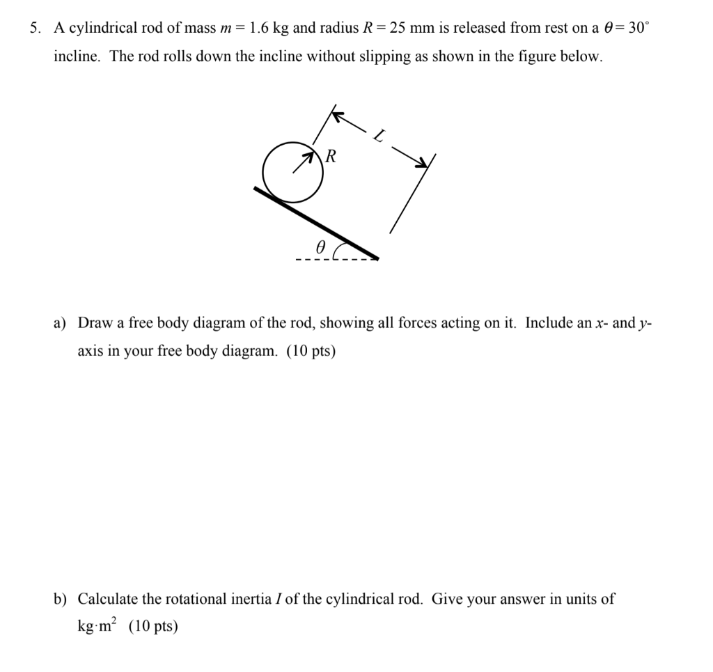 Solved 5. A cylindrical rod of mass m= 1.6 kg and radius R = | Chegg.com