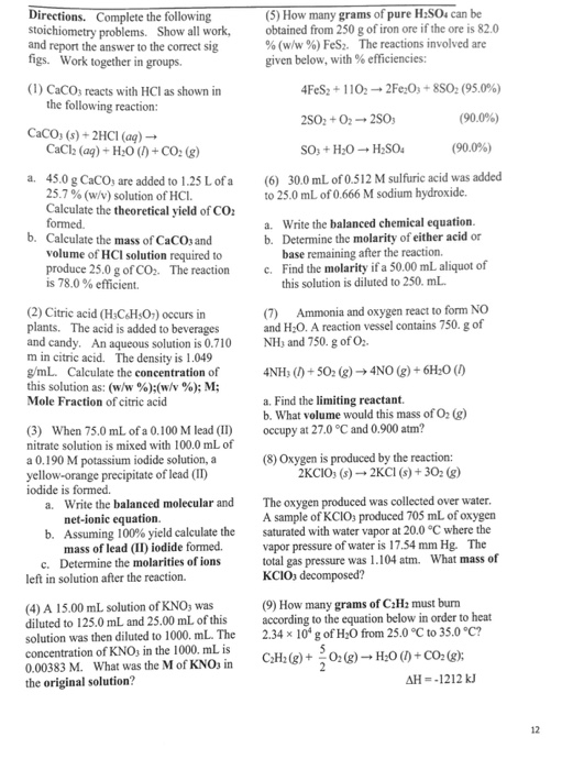 Solved Directions. Complete the following stoichiometry | Chegg.com