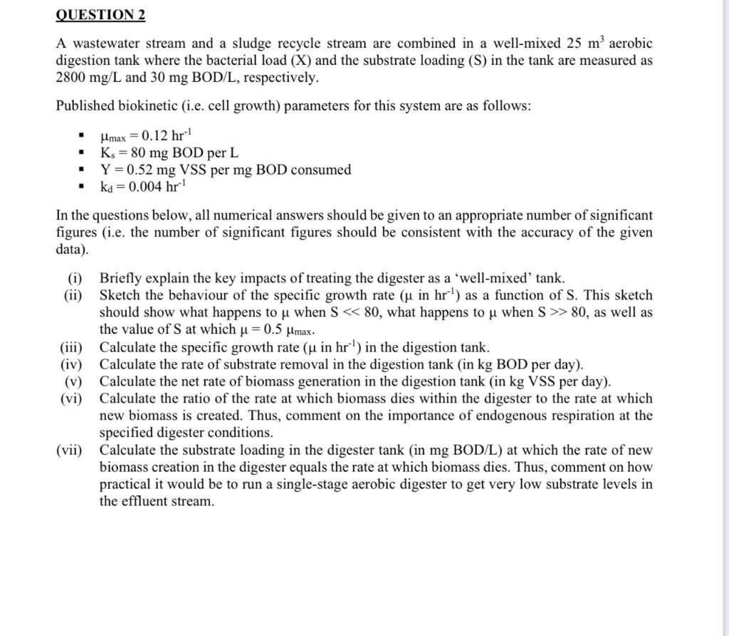 Solved QUESTION 2 A Wastewater Stream And A Sludge Recycle | Chegg.com