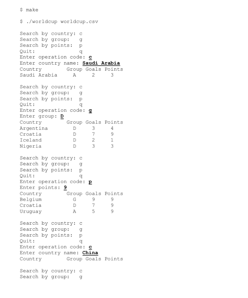 $ make $ ./worldcup worldcup.csv Search by country: C Search by group: g Search by points: P Quit: Enter operation code: c En