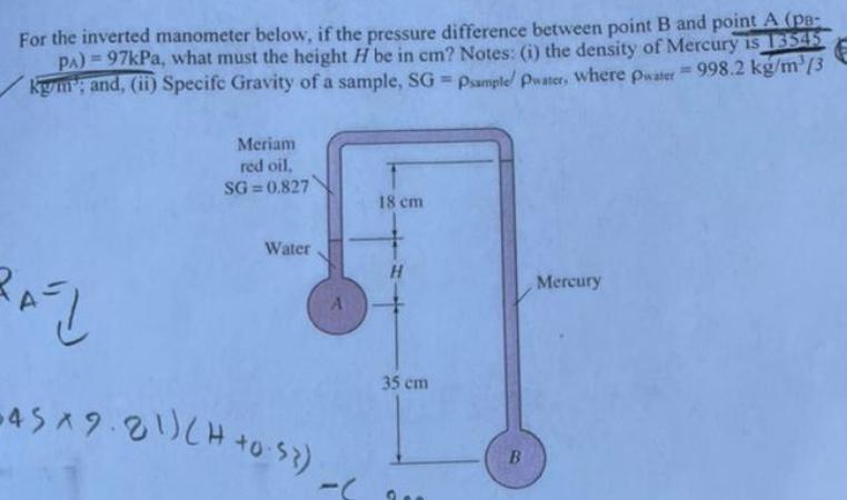 Solved For the inverted manometer below, if the pressure | Chegg.com