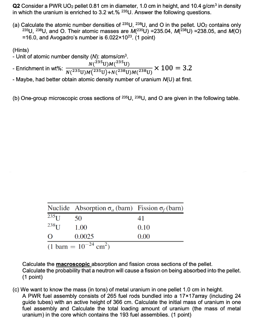 Q2 Consider a PWR UO2 pellet 0.81 cm in diameter, 1.0 | Chegg.com