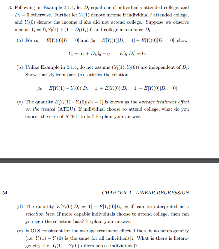 Solved 3. Following on Example 2.1.4, let Di equal one if | Chegg.com