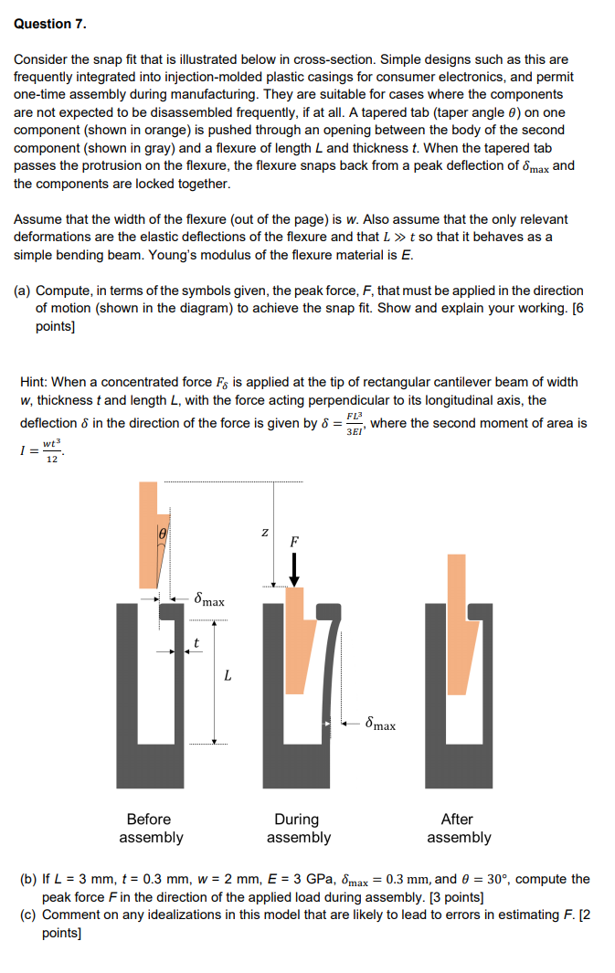 Solved Question 7. Consider the snap fit that is illustrated