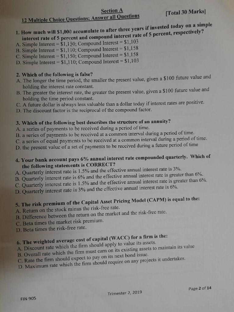 Solved Section A 12 Multiple Choice Questions; Answer all | Chegg.com