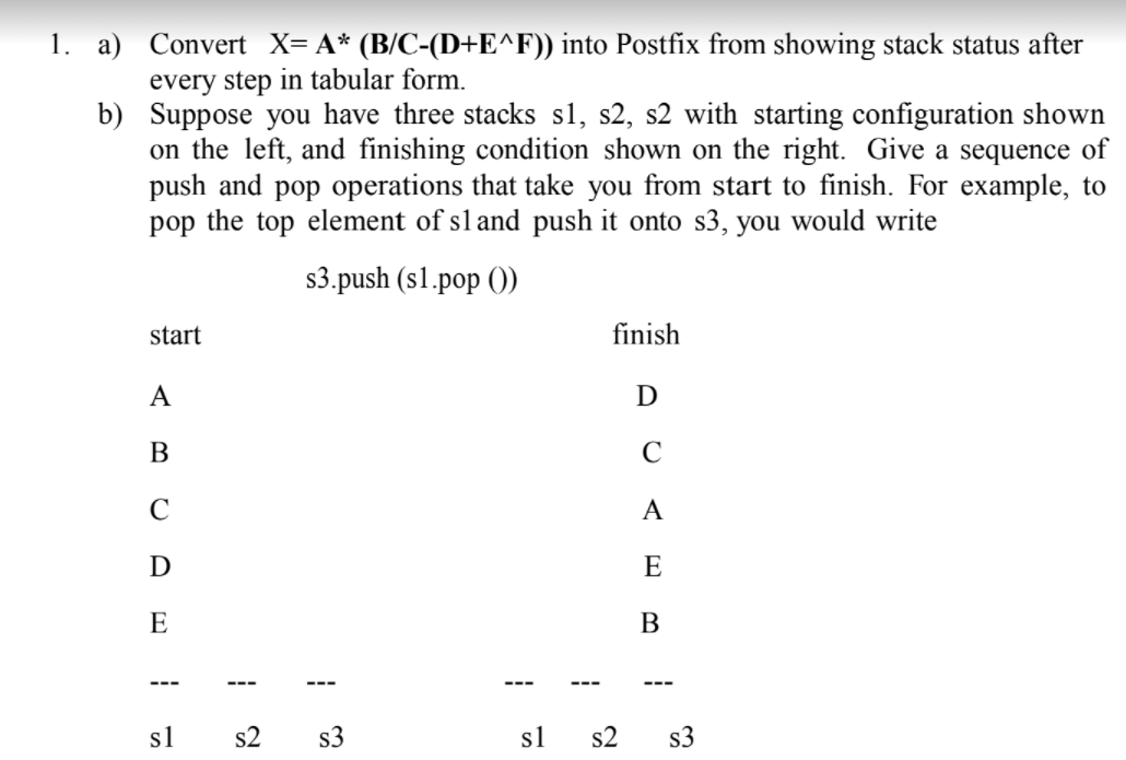 Solved 1. a) Convert X=A* (B/C-(D+E^F)) into Postfix from | Chegg.com