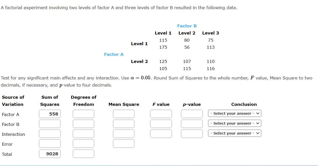 A factorial experiment involving two levels of factor | Chegg.com