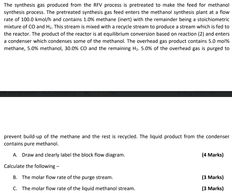 Solved The synthesis gas produced from the RFV process is | Chegg.com