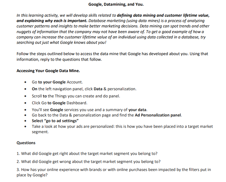 Solved Google, Datamining, and You. In this learning | Chegg.com