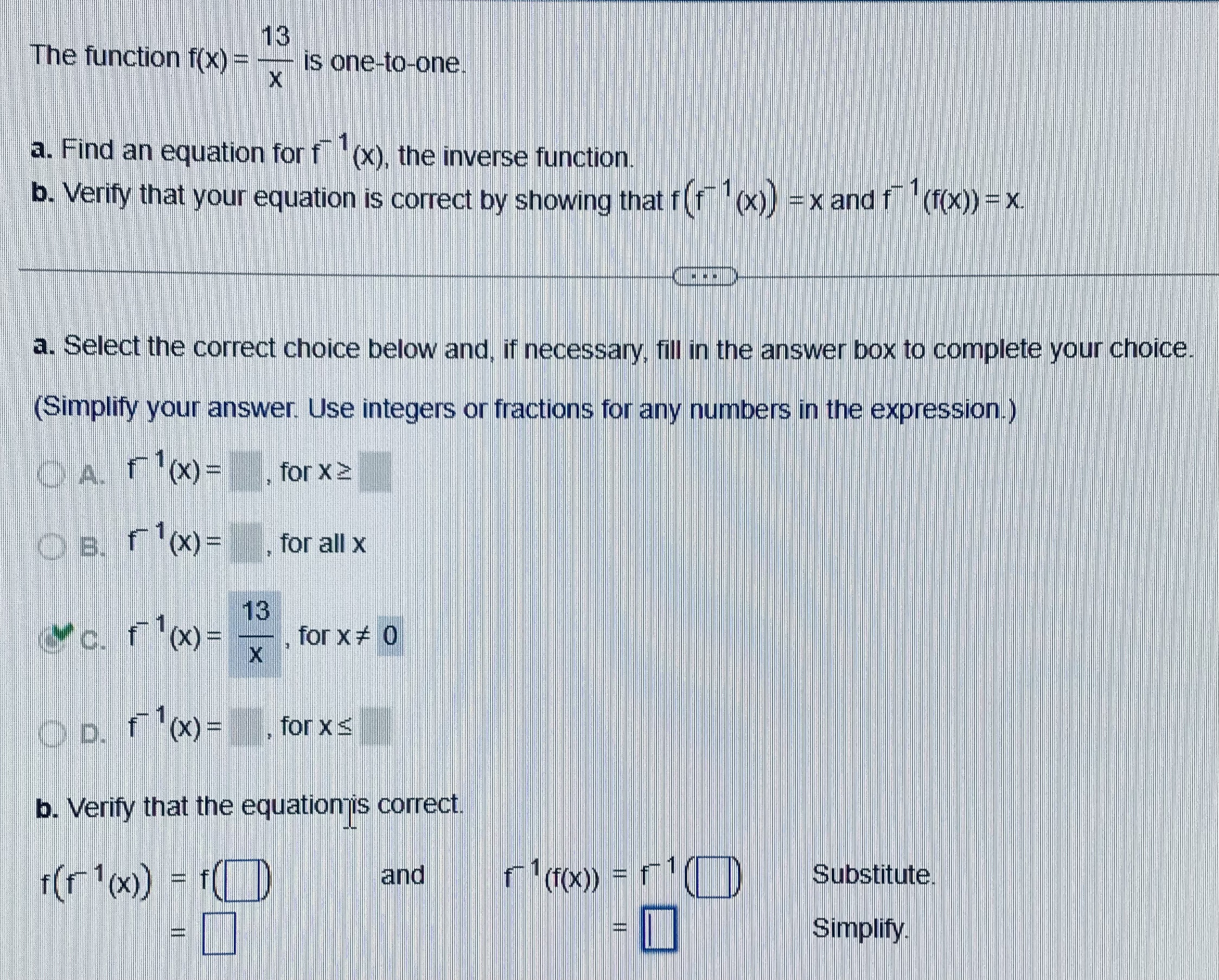 Solved The function f(x)=x13 is one-to-one. a. Find an | Chegg.com