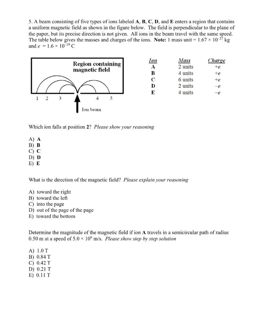 Solved 5. A beam consisting of five types of ions labeled A, | Chegg.com