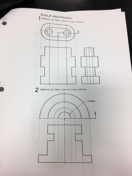 Solved HALF SECTIONS COMPLETE THE FRONT VIEW AS A HALF | Chegg.com