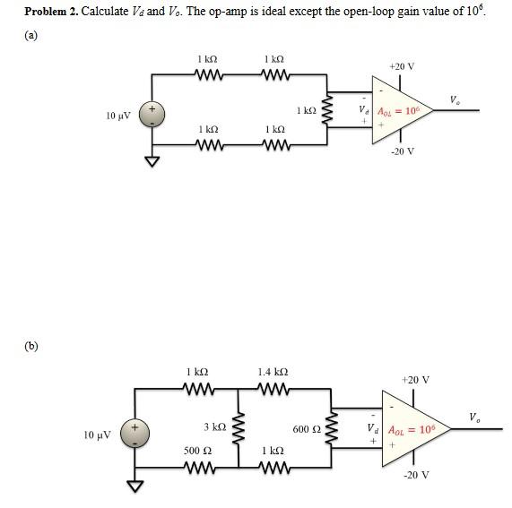 Problem 2. Calculate Va and Vo. The op-amp is ideal except the open-loop gain value of 10.
?
10 mV
10 ?V
???
?
?
???
?
1 ??
5