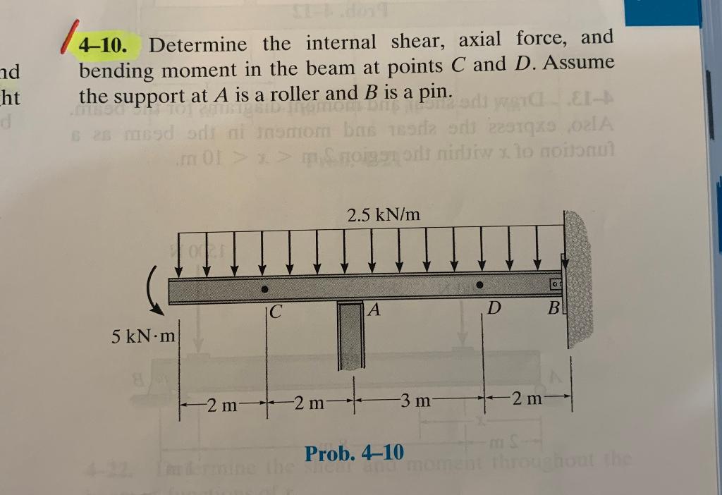 Solved 1410. nd ht Determine the internal shear, axial | Chegg.com