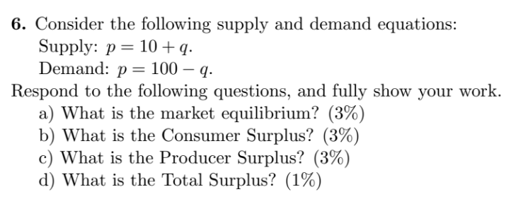 Solved 6. Consider The Following Supply And Demand | Chegg.com