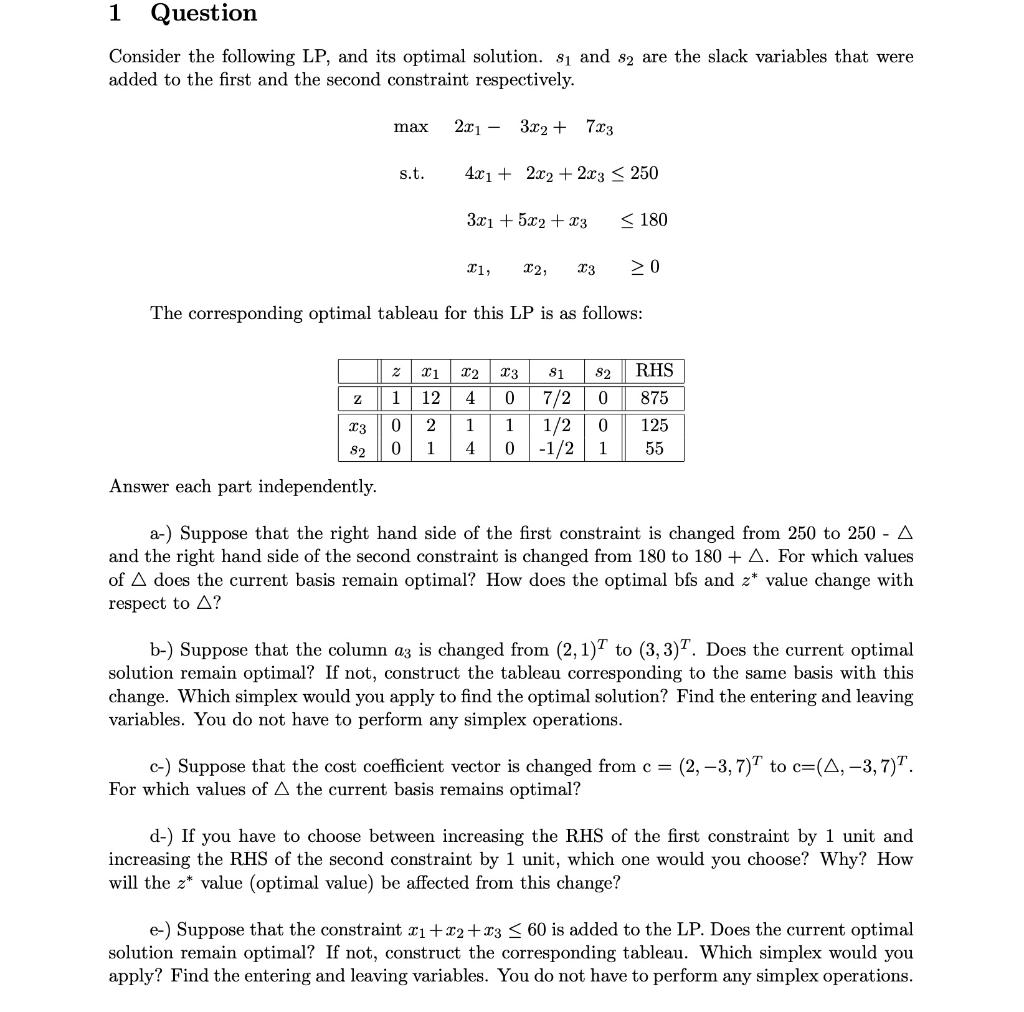 Consider the following LP, and its optimal solution. | Chegg.com