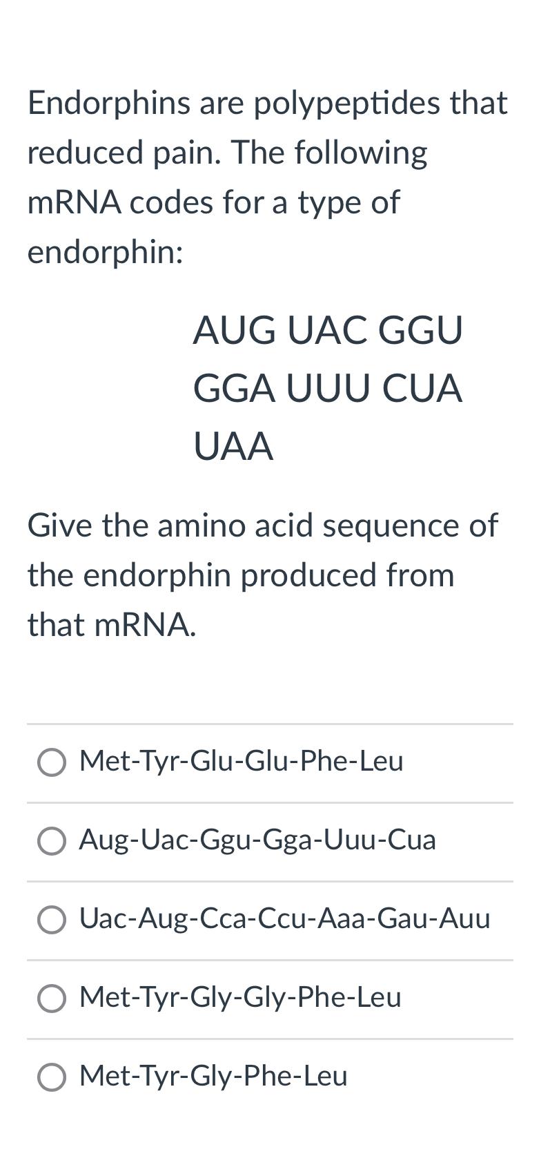 Solved UAA Give the amino acid sequence of the endorphin