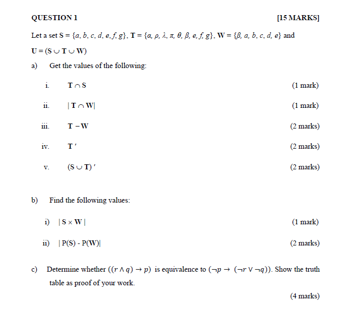 Solved QUESTION 1 [15 MARKS] Let a set S = {a,b,c, d, e, | Chegg.com