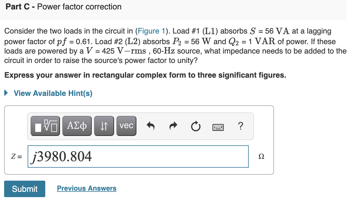 Solved V(1) L1 L2 Part C - Power factor correction | Chegg.com