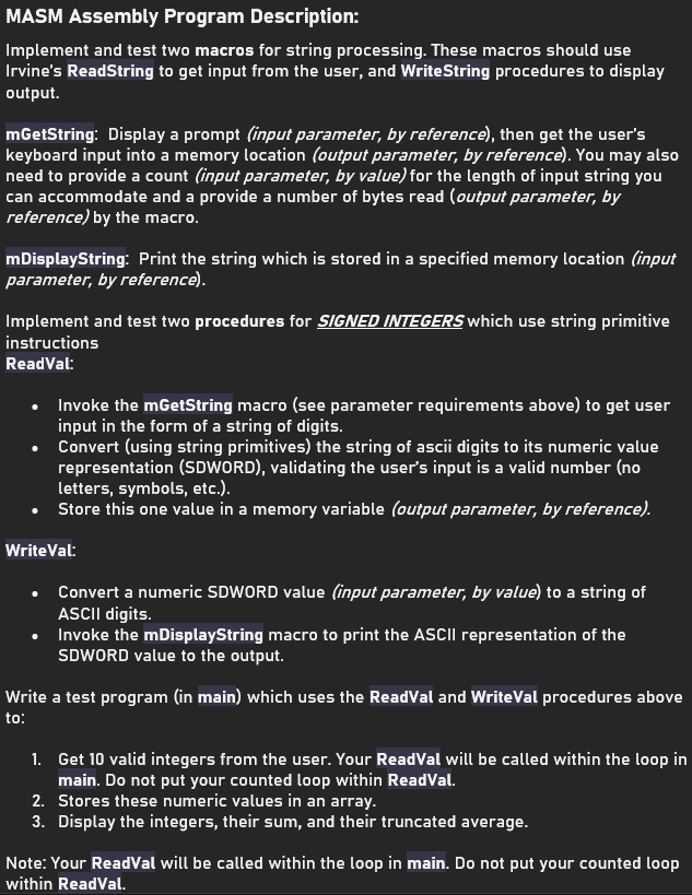 Solved MASM Assembly Program Description: Implement And Test | Chegg.com