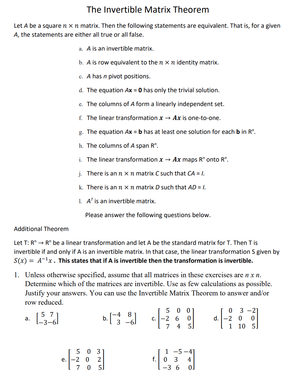 Solved The Invertible Matrix Theorem Let A Be A Square Nxn | Chegg.com