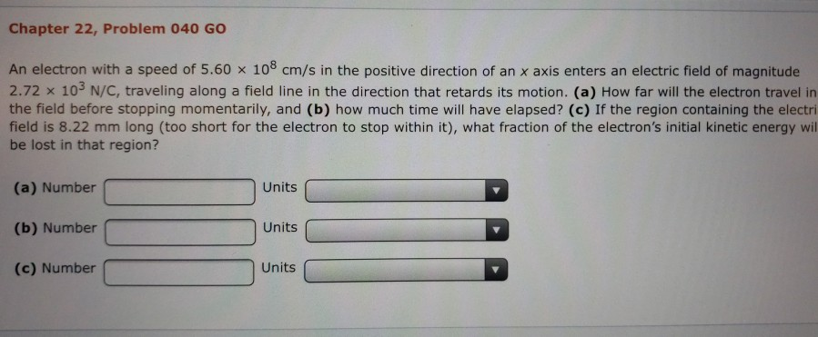 Solved Chapter 22, Problem 040 GO An electron with a speed | Chegg.com