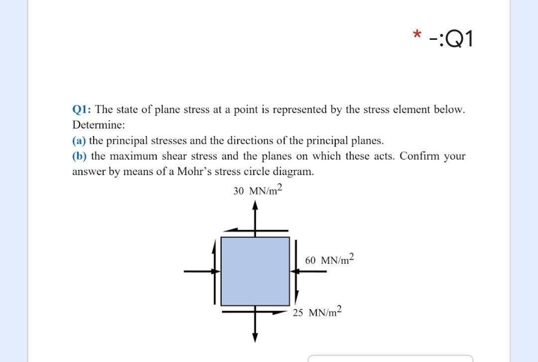 Solved -:Q1 Q1: The state of plane stress at a point is | Chegg.com