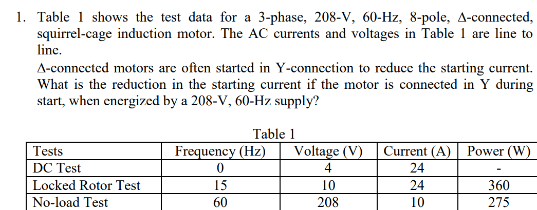 Solved 1. Table 1 shows the test data for a 3-phase, 208-V, | Chegg.com