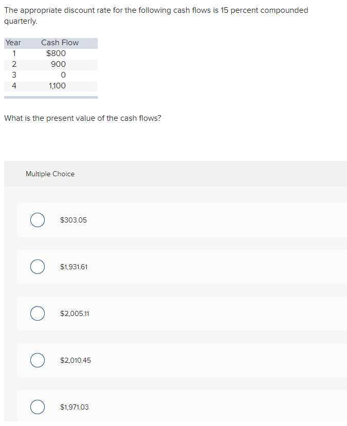 Solved The appropriate discount rate for the following cash | Chegg.com