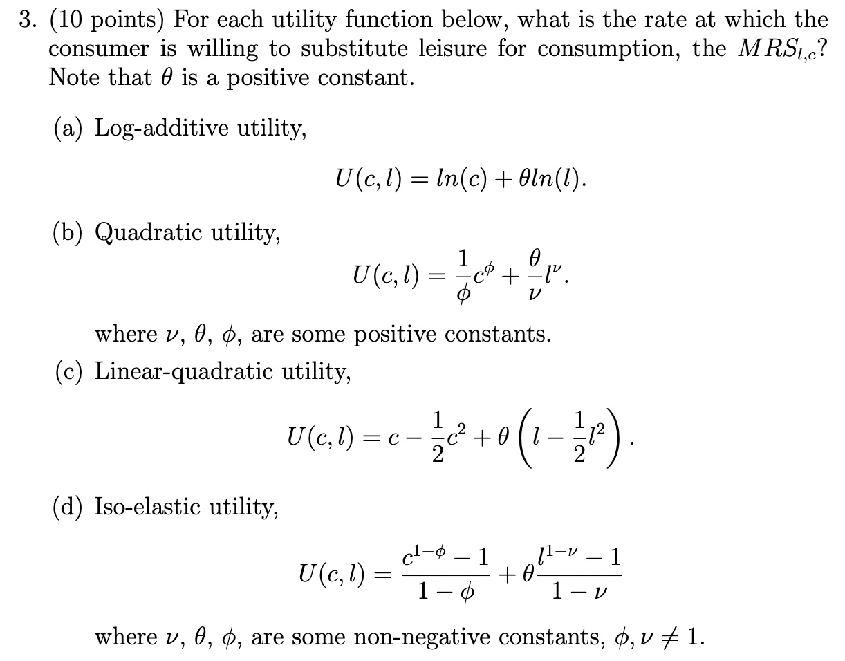 Solved (10 points) For each utility function below, what | Chegg.com