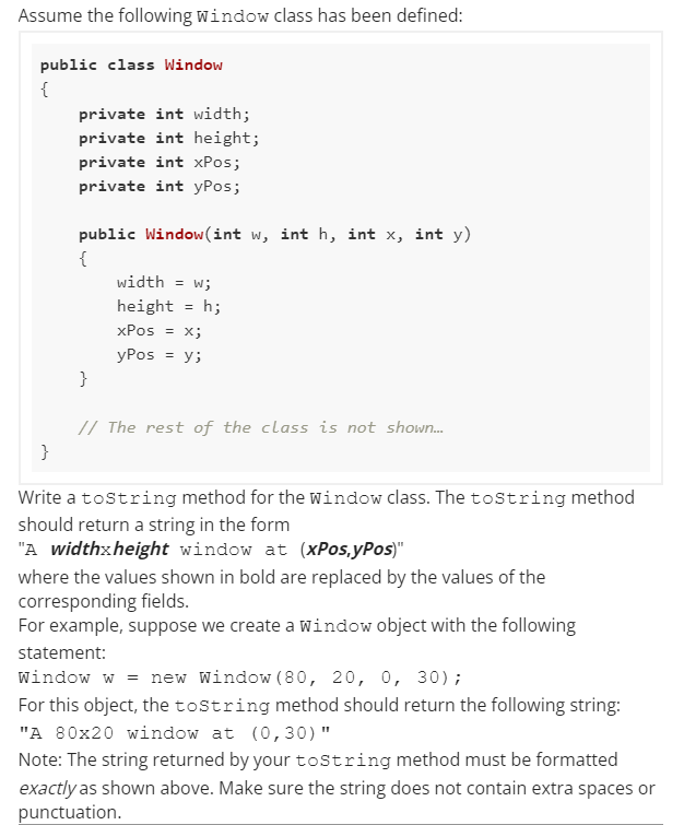 Solved public class Window private int width; private int | Chegg.com