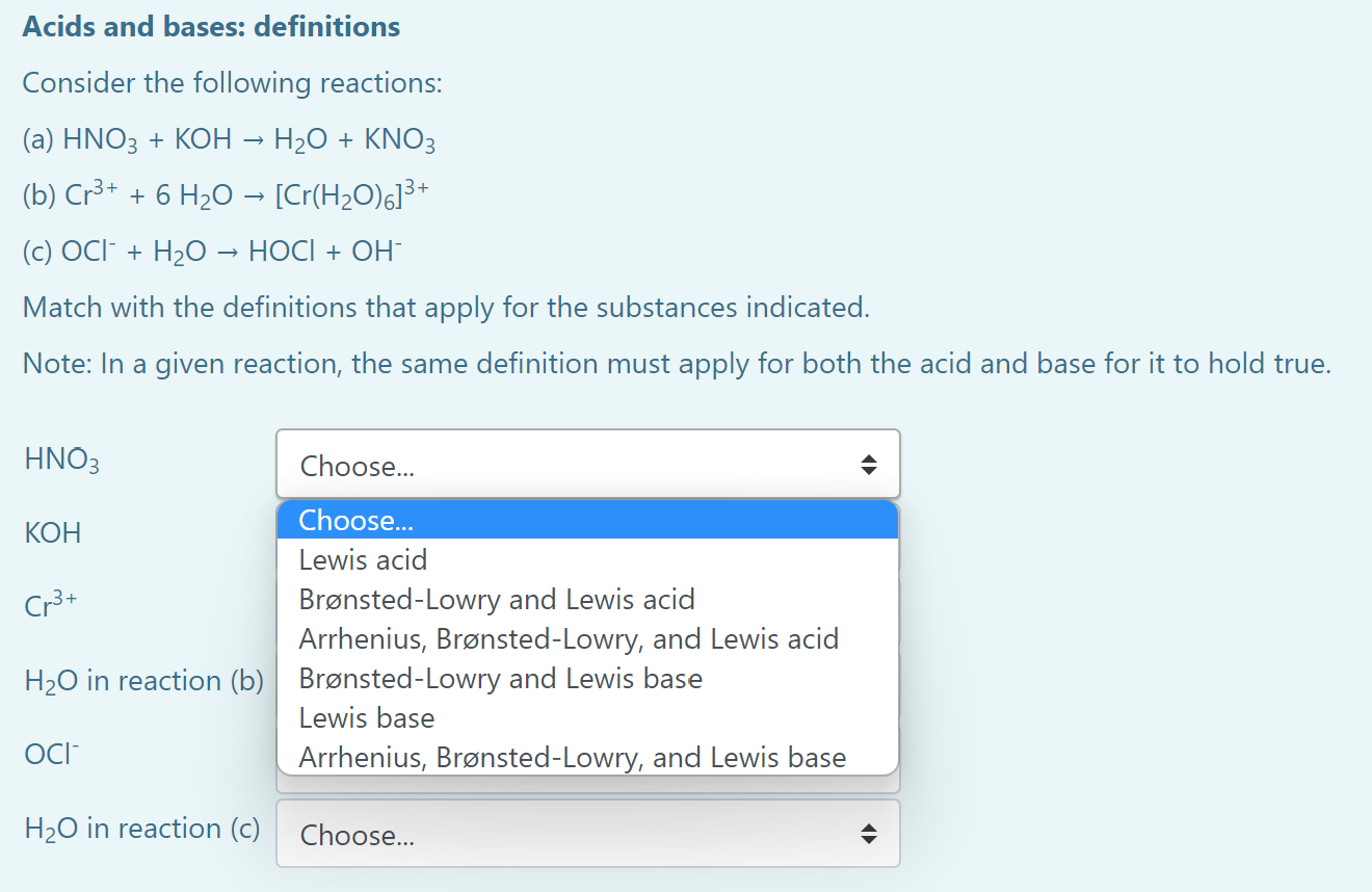 Solved (a) HNO3+KOH→H2O+KNO3 (b) Cr3++6H2O→[Cr(H2O)6]3+ (c) | Chegg.com