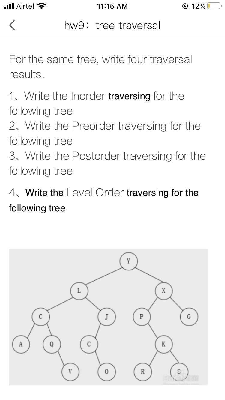 Solved Il Airtel 11:15 AM @ 12% hw9: tree traversal For the | Chegg.com