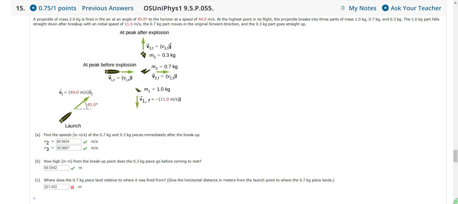 Solved A Projectile Of Mass 2 0 Kg Is Fired In The Air At An Chegg Com