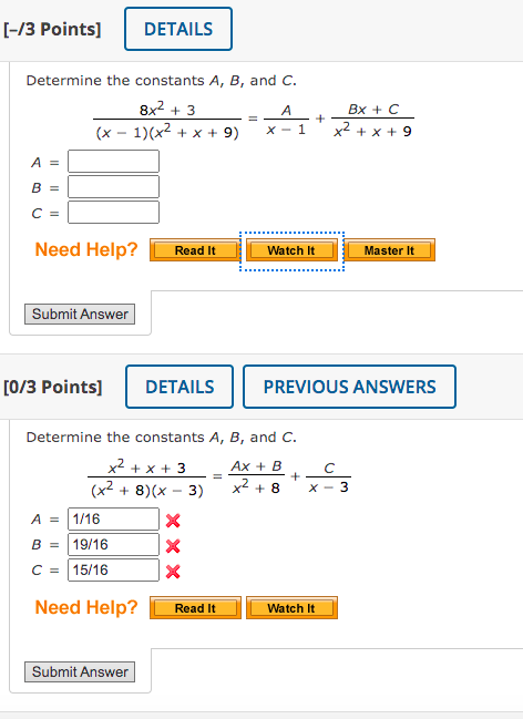 Solved [-/3 ﻿Points]Determine The Constants A,B, ﻿and | Chegg.com