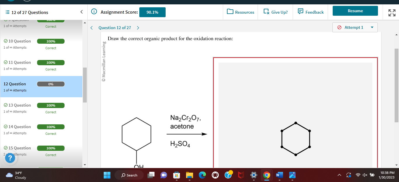 Draw the correct organic product for the oxidation reaction:
\[
\underset{\begin{array}{l}
\mathrm{Na}_{2} \mathrm{Cr}_{2} \m