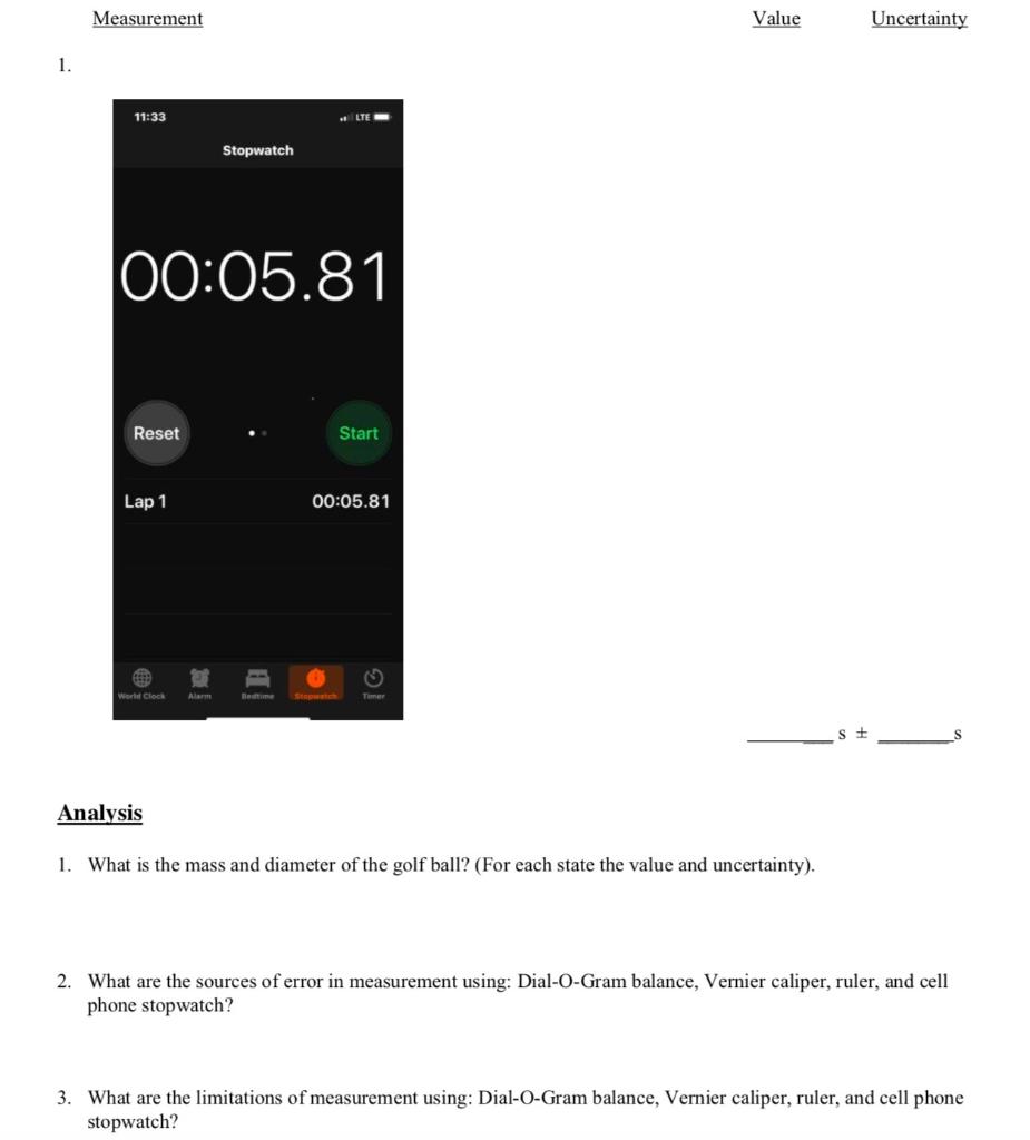 Measurement Value Uncertainty 1. 1133 LTE Stopwatch