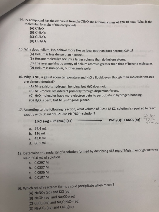 Solved 14. A compound has the empirical formula CH2O and a | Chegg.com