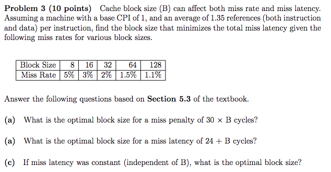Solved Problem 3 (10 points) Cache block size (B) can affect | Chegg.com
