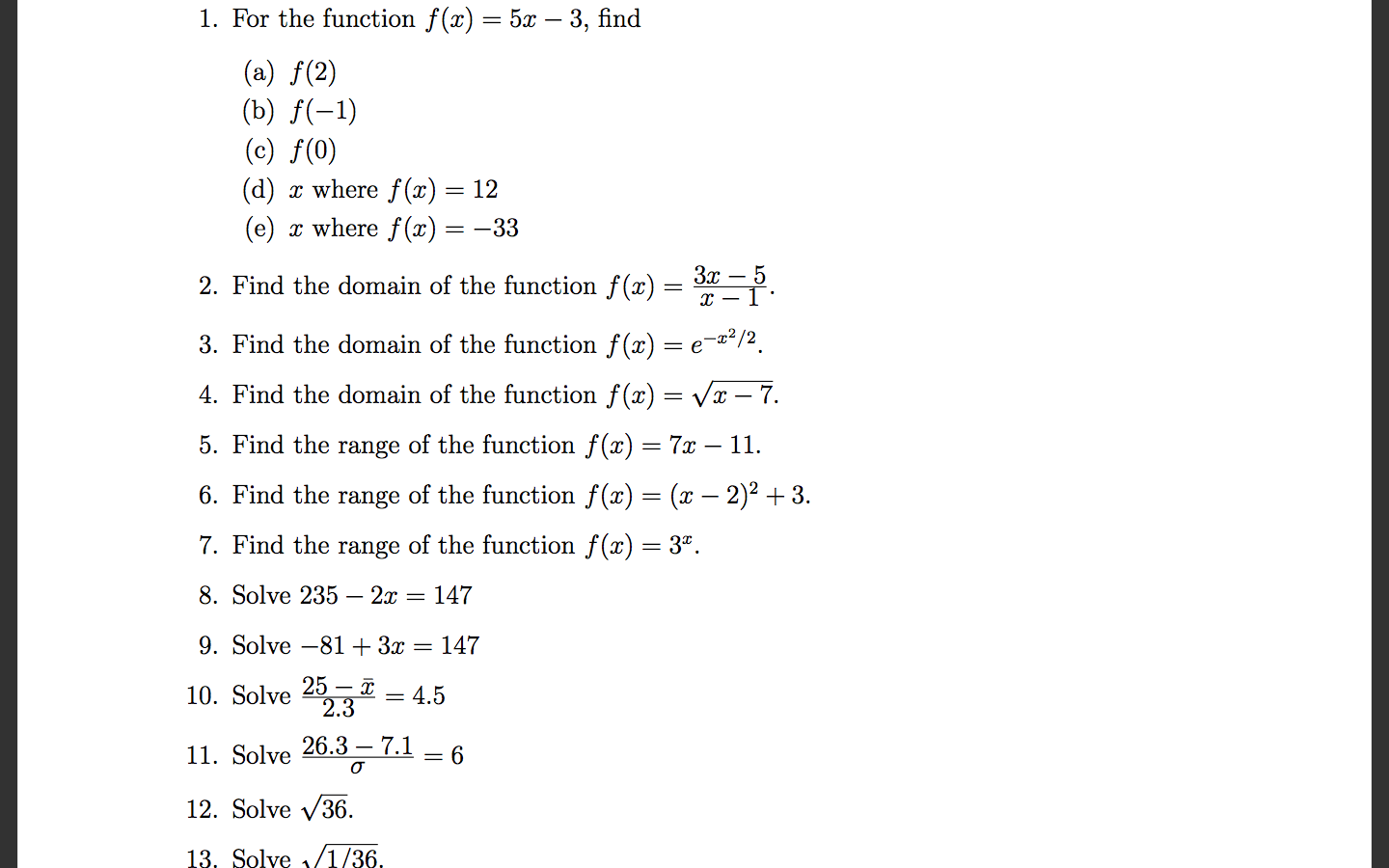 Solved 1. For the function f(x) = 5x 3, find (a) f(2) (b)