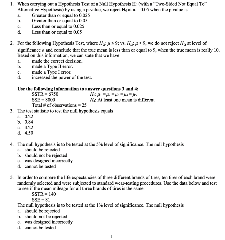 Solved 1 When Carrying Out A Hypothesis Test Of A Null