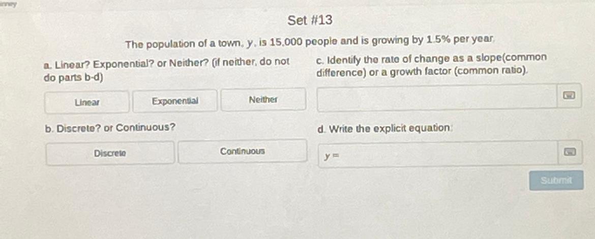 Solved The population of a town. y, is 15.000 people and is | Chegg.com