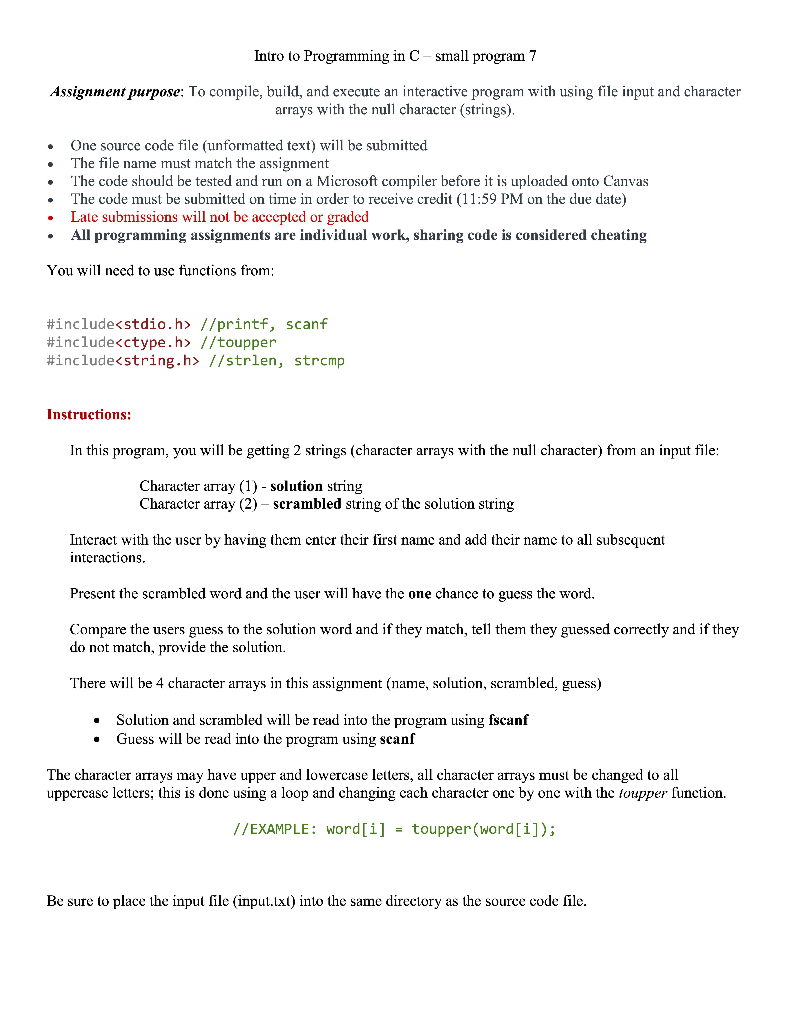 Intro to Programming in C small program 7 Assignment | Chegg.com