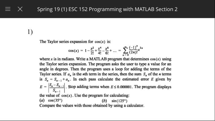 Solved Spring 19 (1) ESC 152 Programming with MATLAB Section | Chegg.com