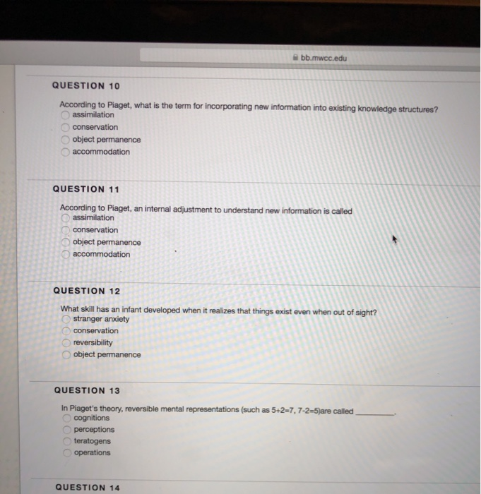 Solved bb.mwcc.edu QUESTION 10 According to Piaget, what is | Chegg.com