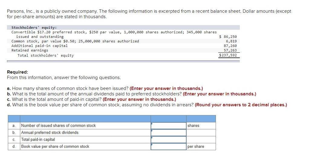 Solved Parsons Inc Is A Publicly Owned Company The Chegg