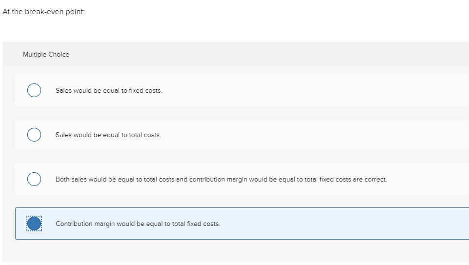 Solved At the break-even point: Multiple Choice O Sales | Chegg.com