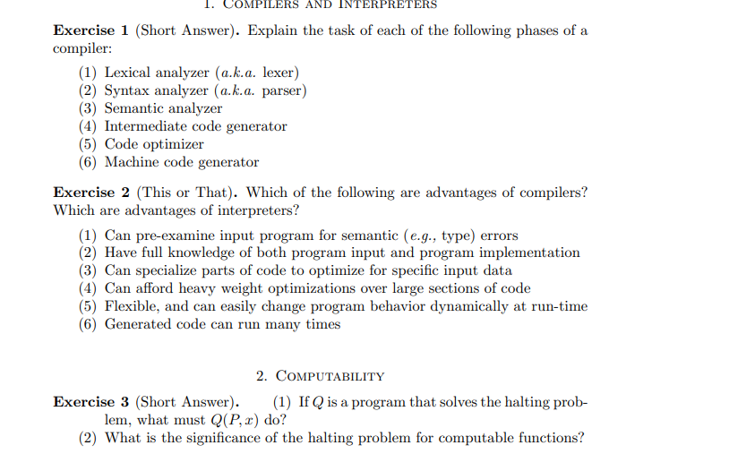 Solved 1. OMPILERS AND INTERPRETERS Exercise 1 (Short | Chegg.com