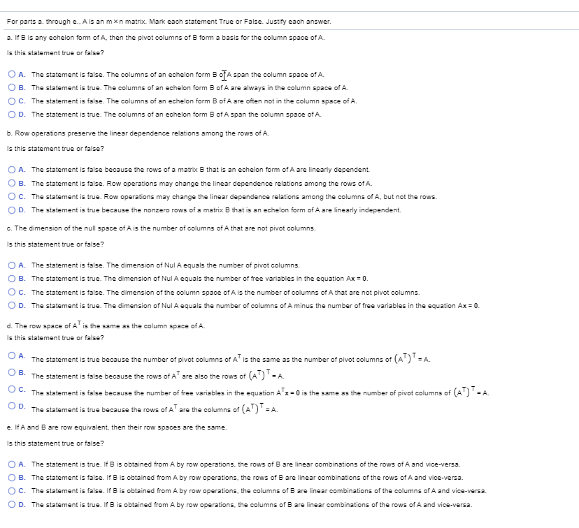 Solved For parts a. through e. A is an mxn matrix. Mark each