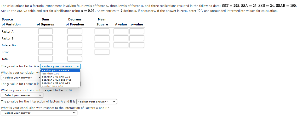 Solved The calculations for a factorial experiment involving | Chegg.com